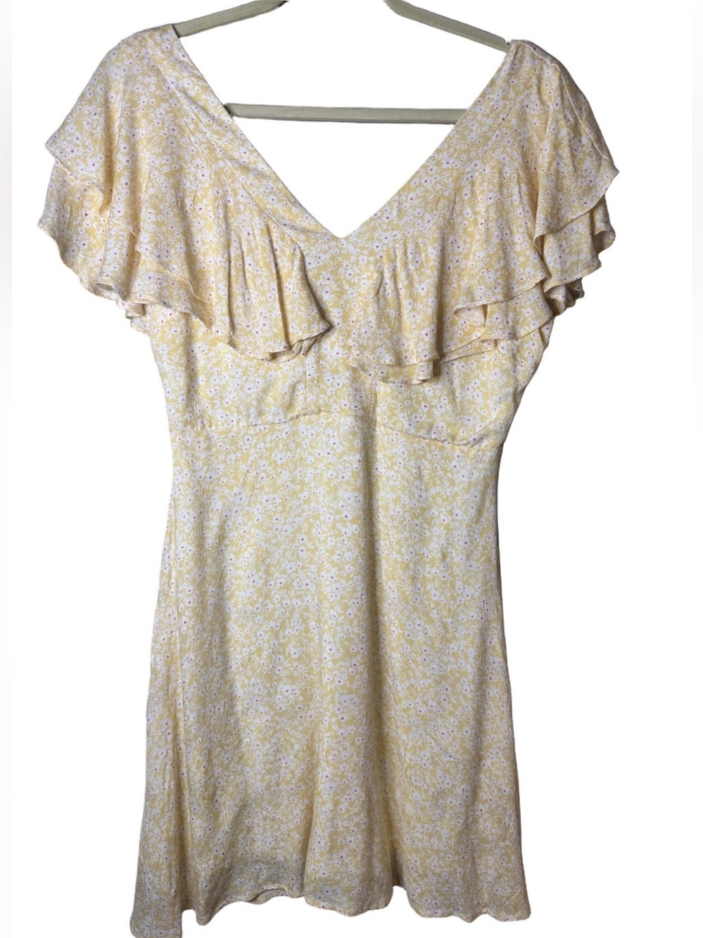 Altar'd State Yellow Floral Ruffle V‑Neck Mini Dress Size Medium